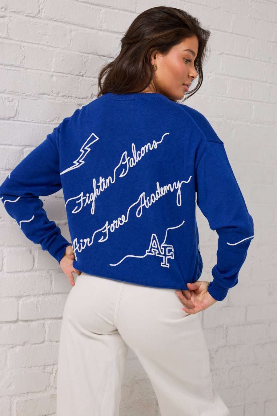 blue long sleeve sweater with U.S air force acadmey embroidery, styled for college tailgates and game day