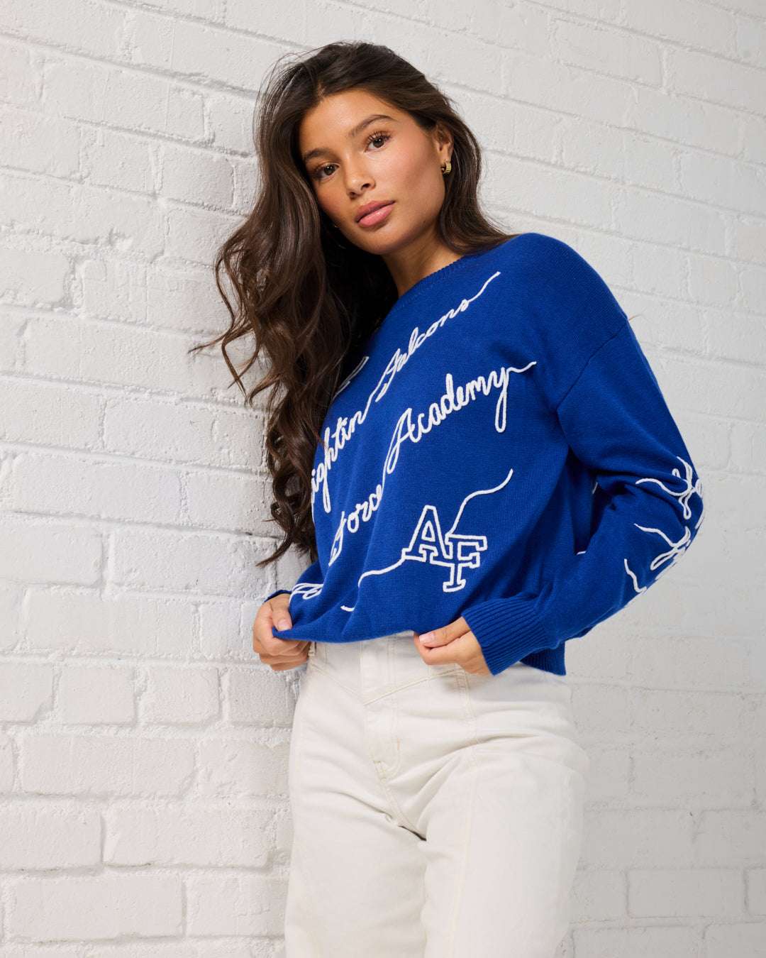 blue long sleeve sweater with U.S air force acadmey embroidery, styled for college tailgates and game day