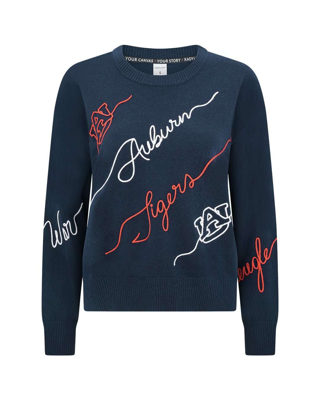 Navy long sleeve Love Letter Sweater with Auburn Tigers embroidery, perfect for game day, campus wear, or tailgates.