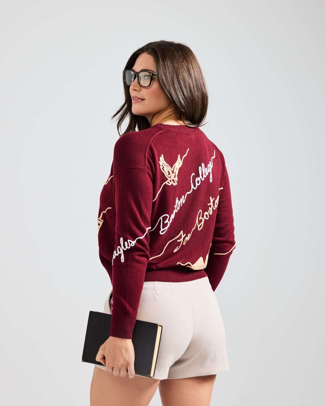 red long sleeve sweater with boston college eagles embroidery, perfect for back to school