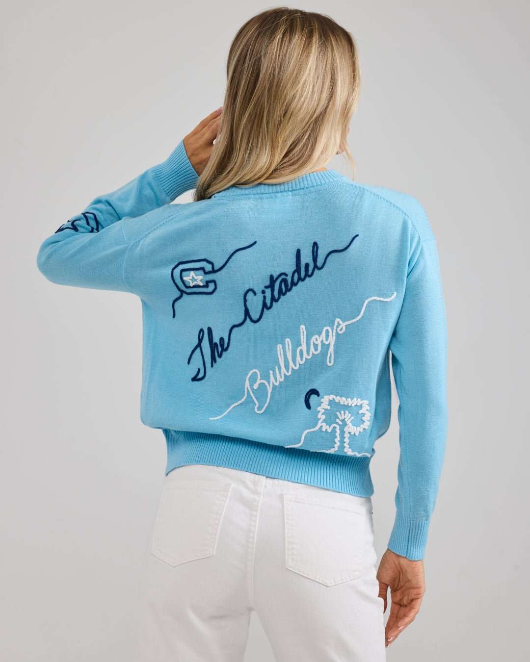 blue long sleeve sweater with citadel bulldogs embroidery, perfect for college tailgates