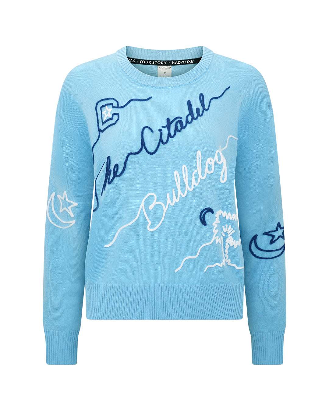 blue long sleeve sweater with citadel bulldogs embroidery, perfect for college tailgates