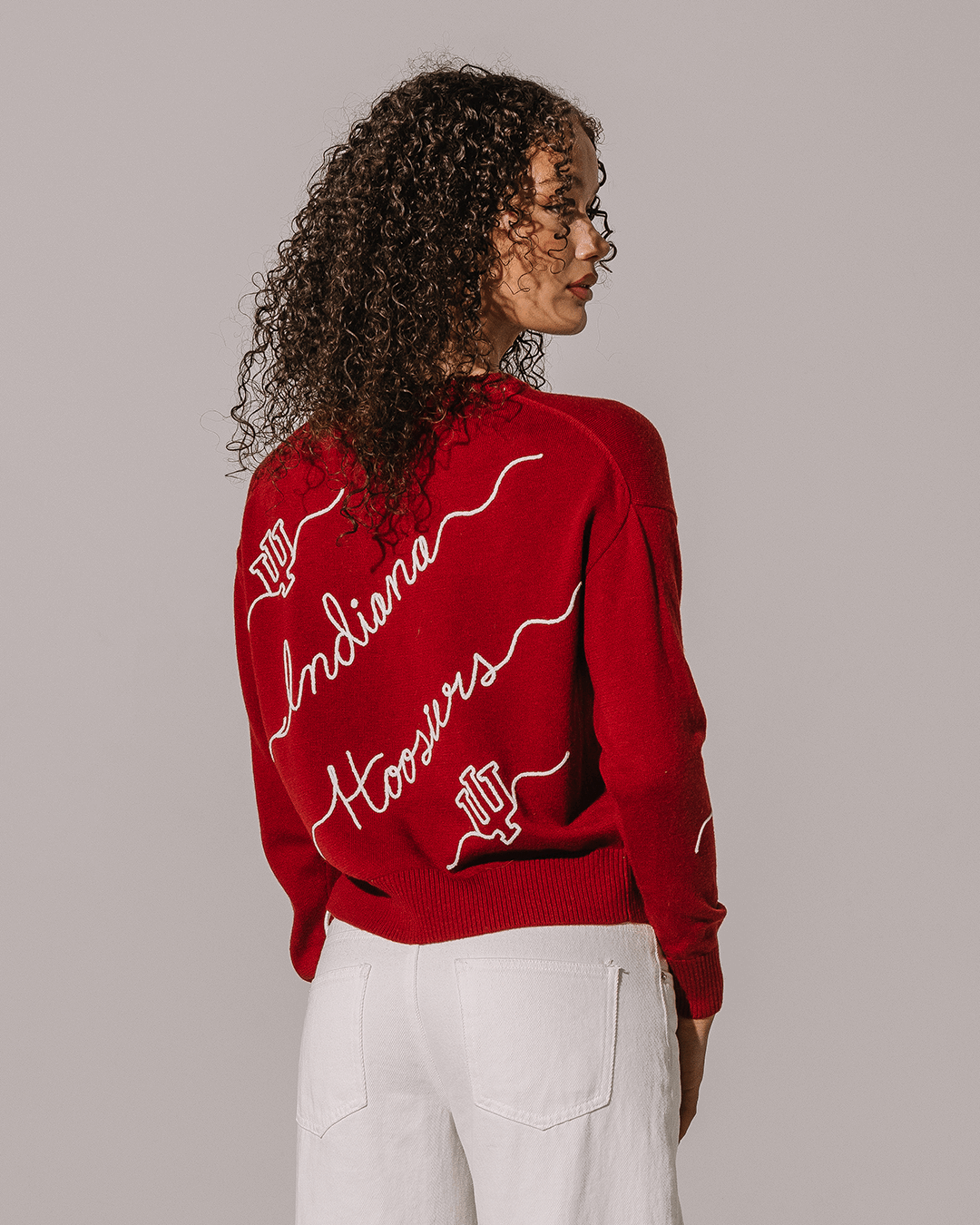 red long sleeve sweater with indiana hoosiers embroidery, perfect for college class outfits