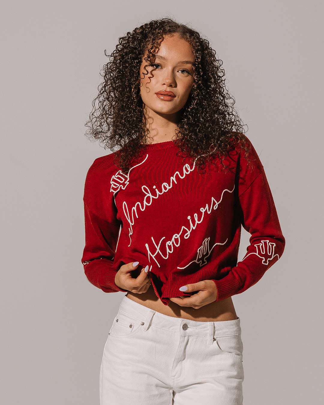 red long sleeve sweater with indiana hoosiers embroidery, perfect for college class outfits