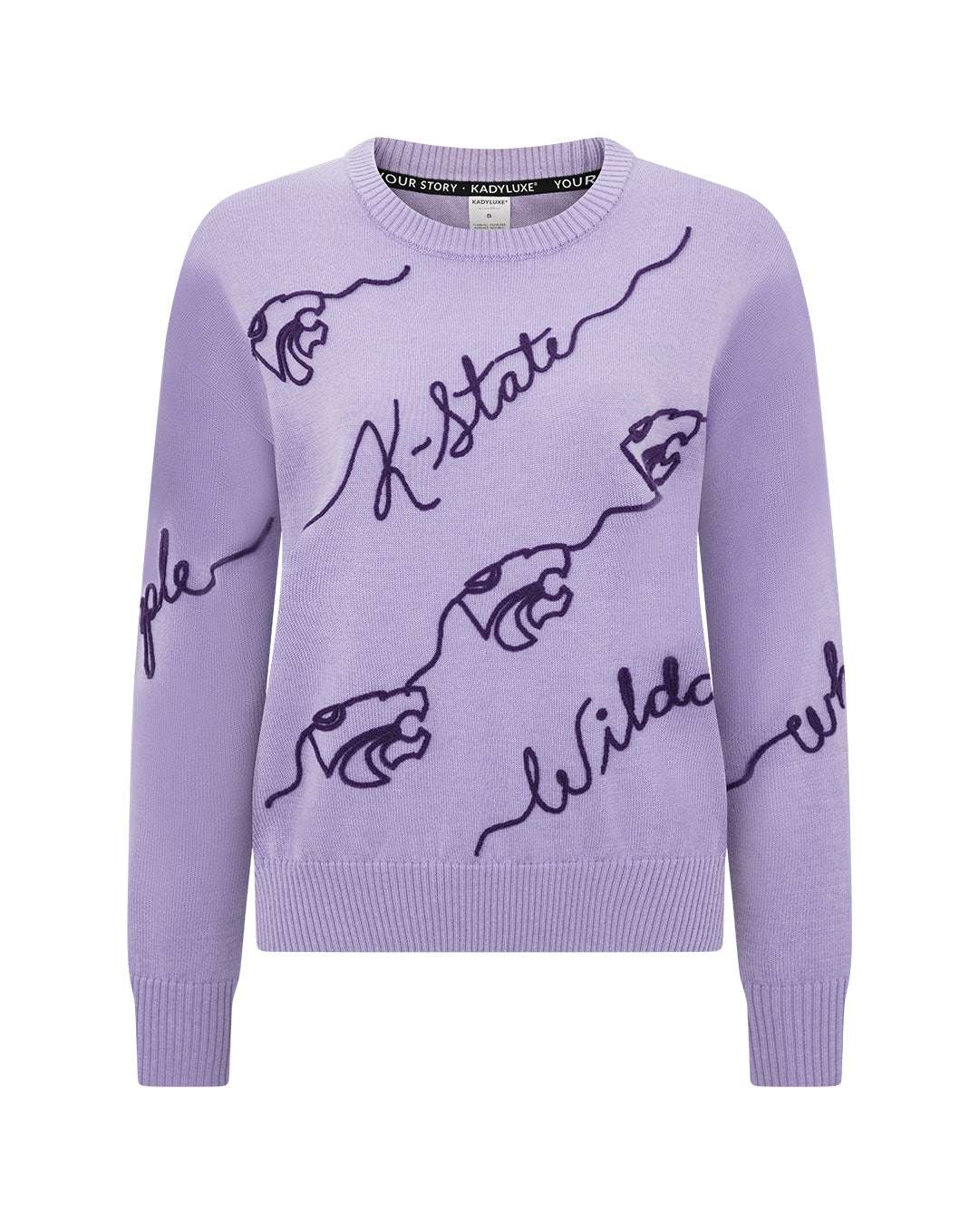 purple long sleeve sweater with kansas state wildcats embroidery, perfect for college game day and basketball games