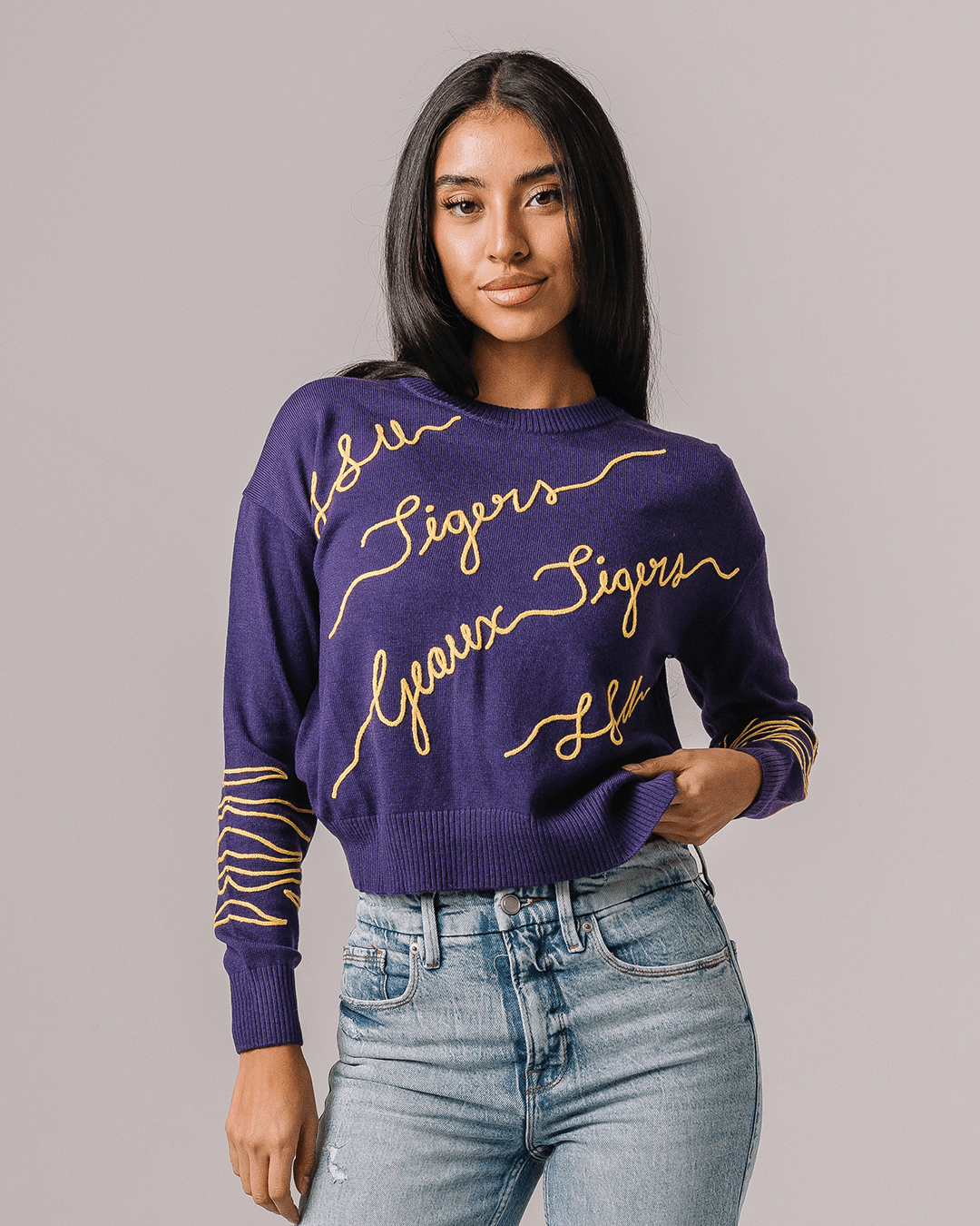 purple long sleeve sweater with lsu tigers embroidery, perfect for football season and college tailgates