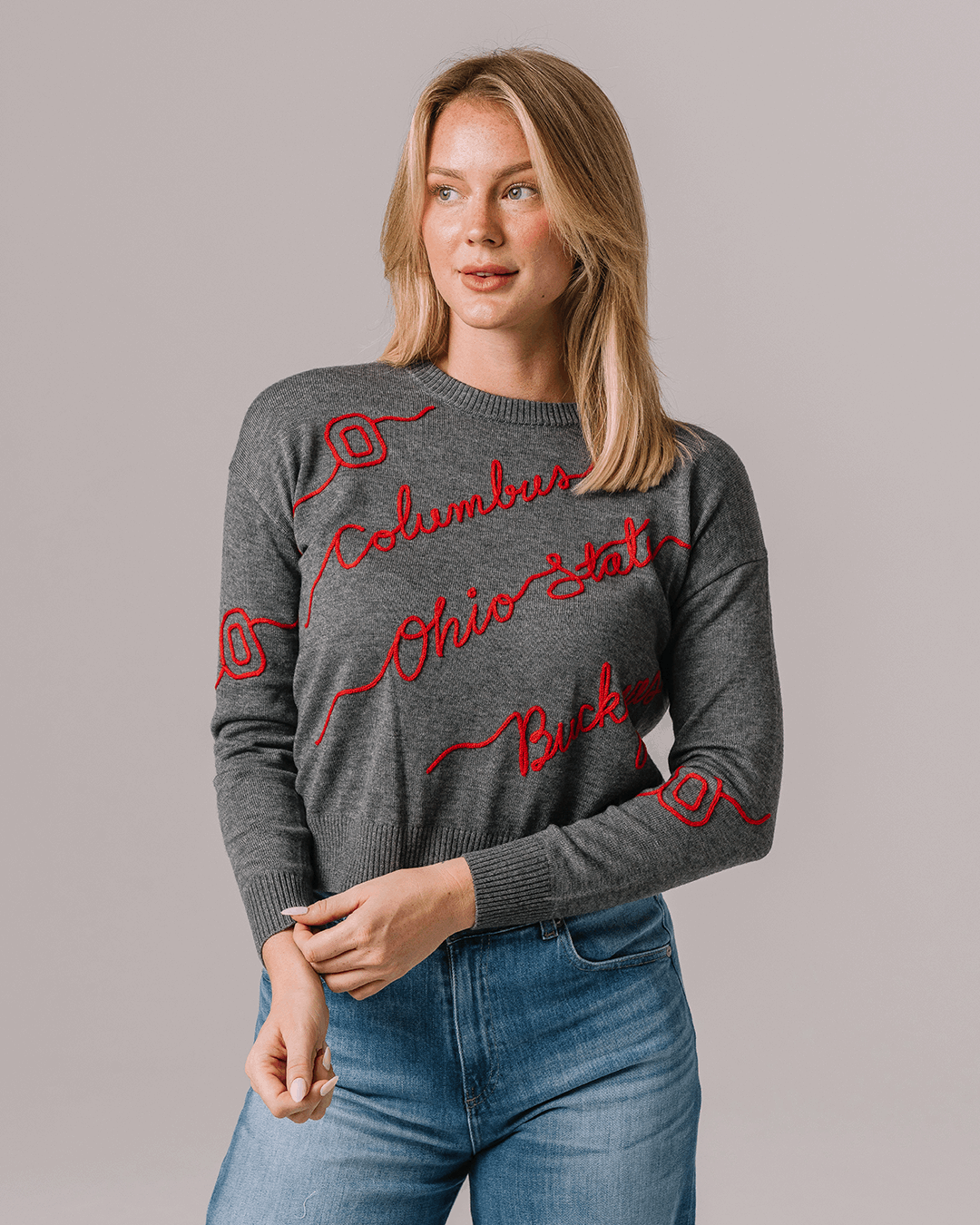 gray crewneck sweater with ohio state buckeyes embroidery, styled for college game day