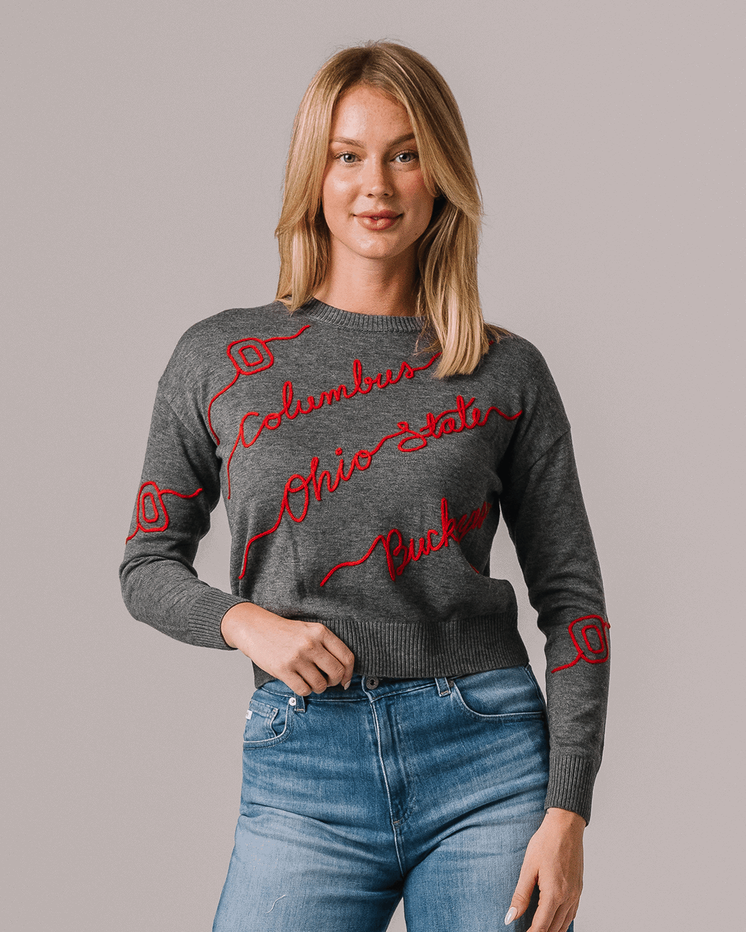 gray crewneck sweater with ohio state buckeyes embroidery, styled for college game day