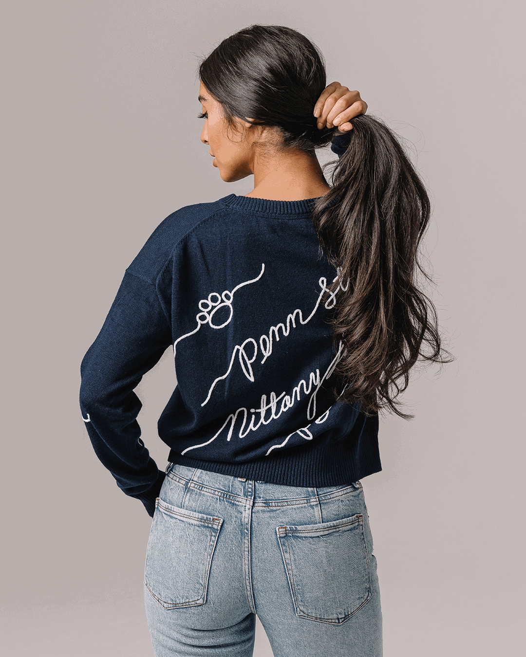navy long sleeve sweater with penn state nittany lions embroidery, perfect for campus wear