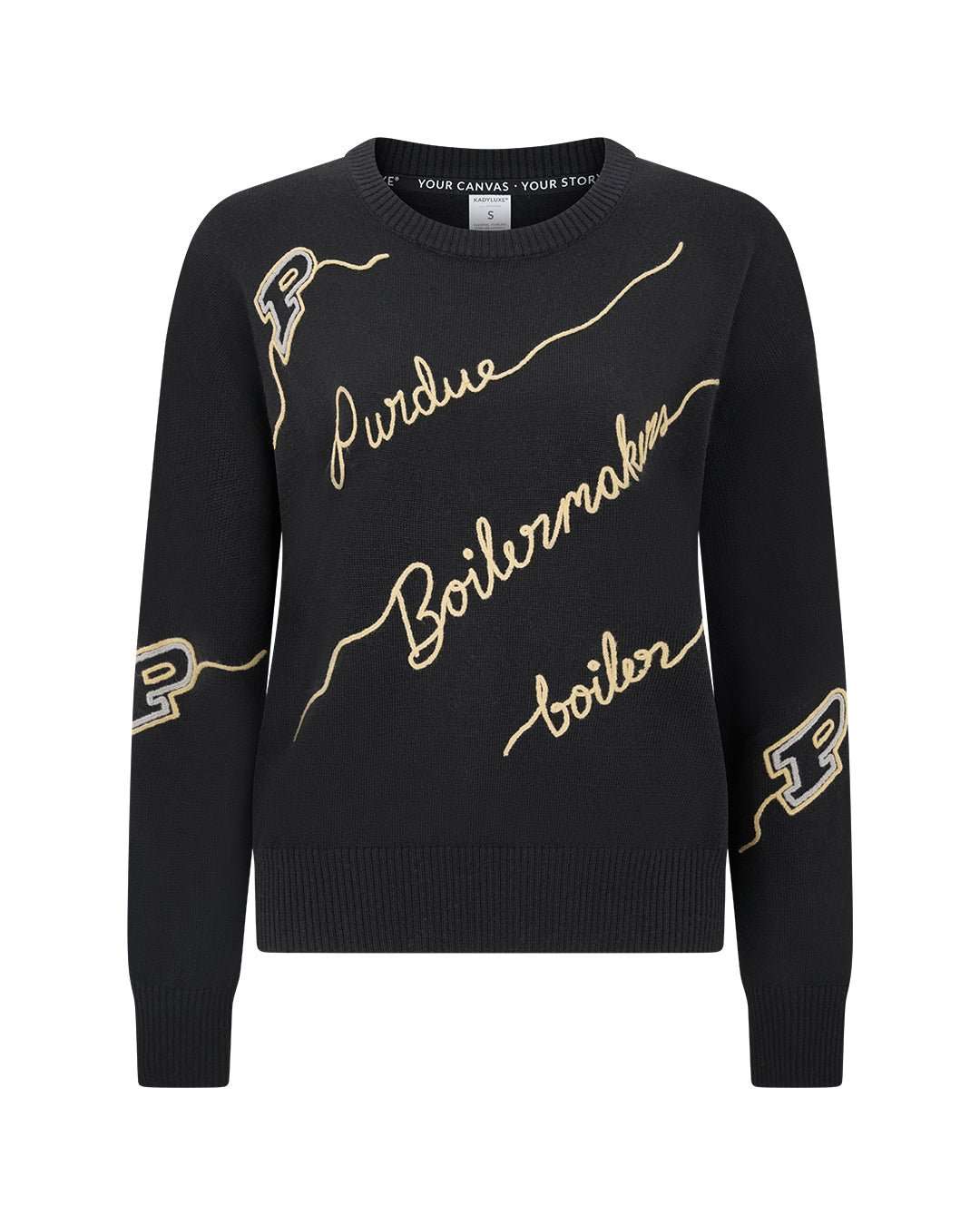 black long sleeve sweater with purdue boilermakers embroidery, styled for march madness and campus wear.