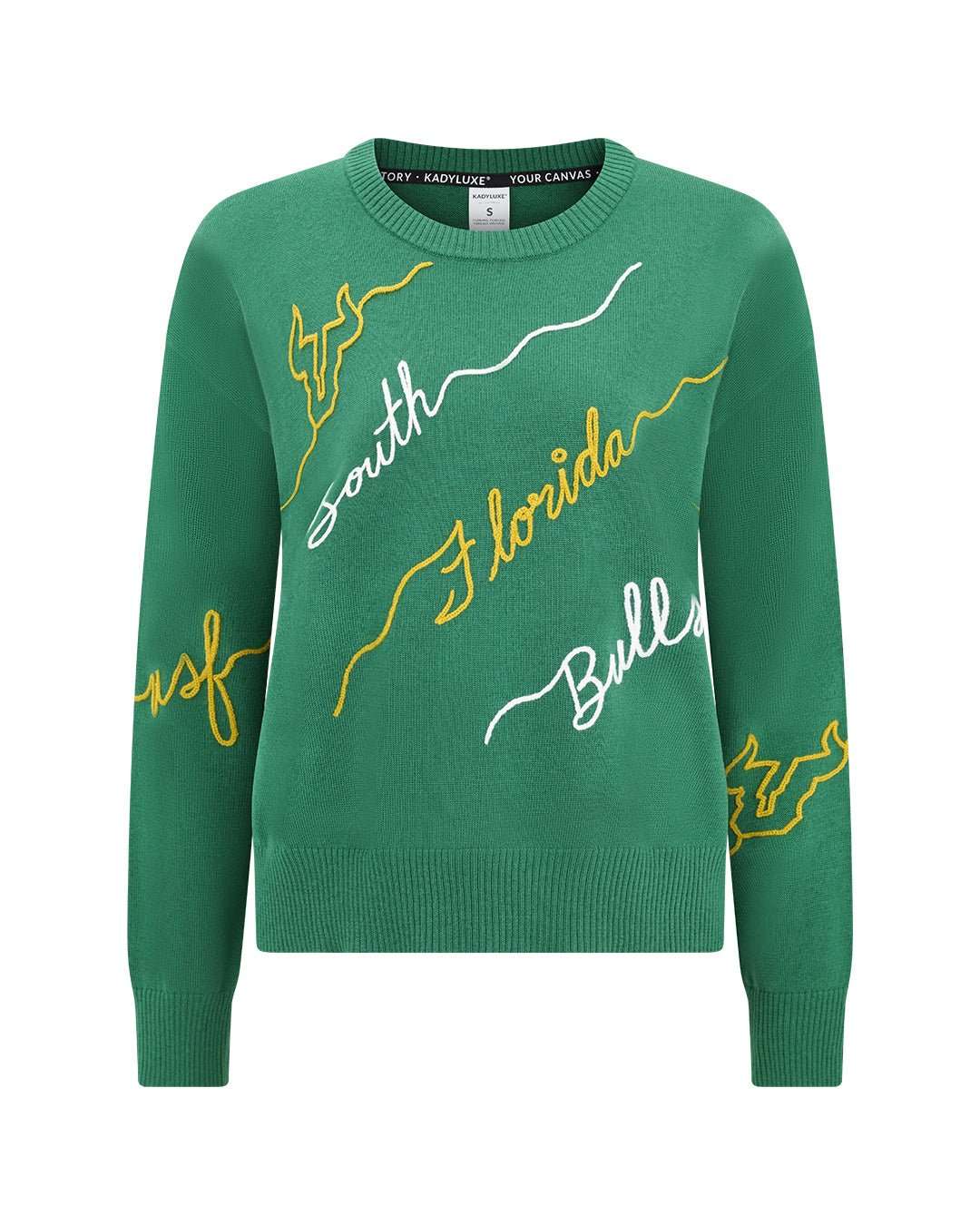 Green long sleeve love letter sweater with south florida bulls embroidery, perfect for game day.