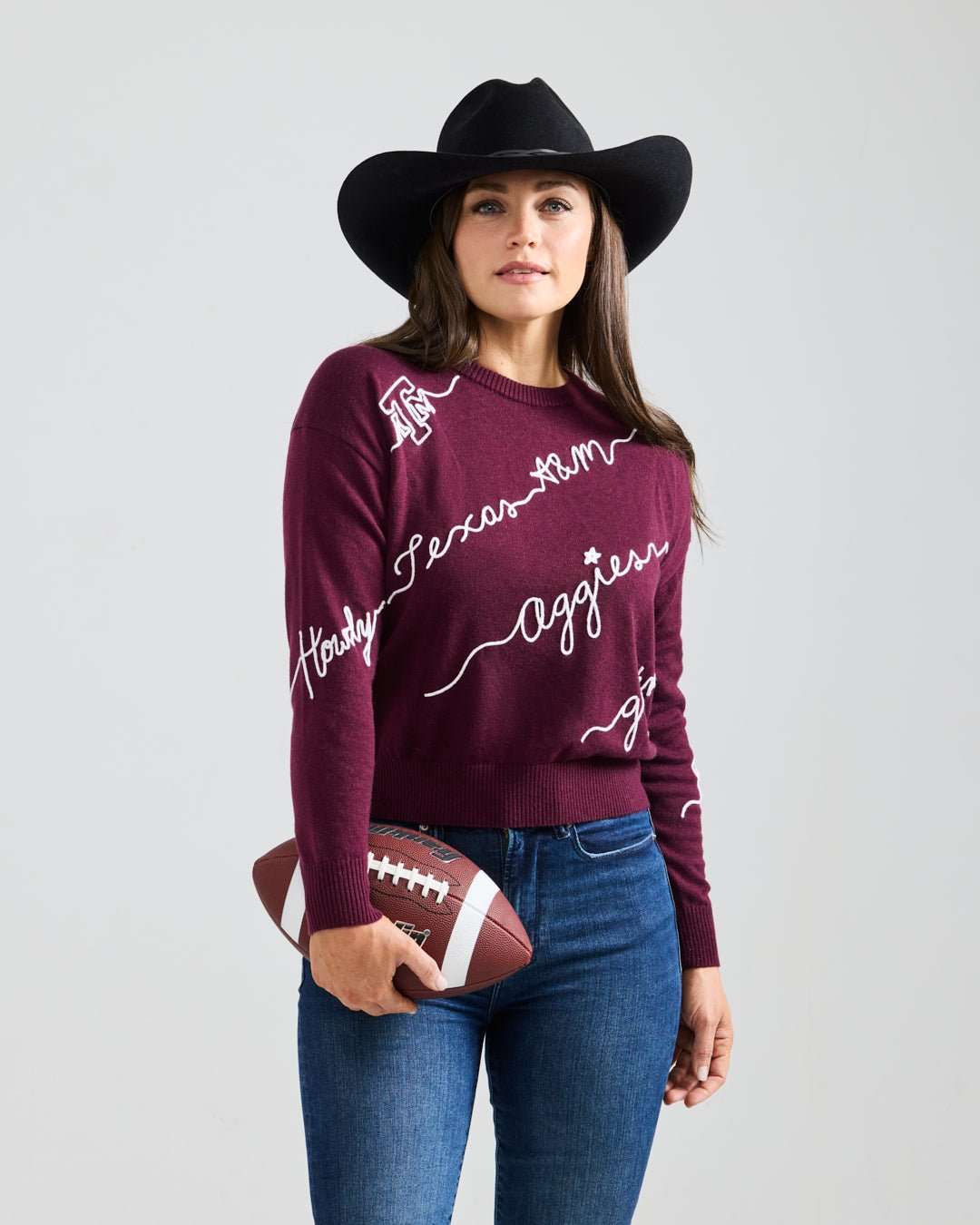 maroon long sleeve sweater with texas aggies embroidery, perfect for college kick off