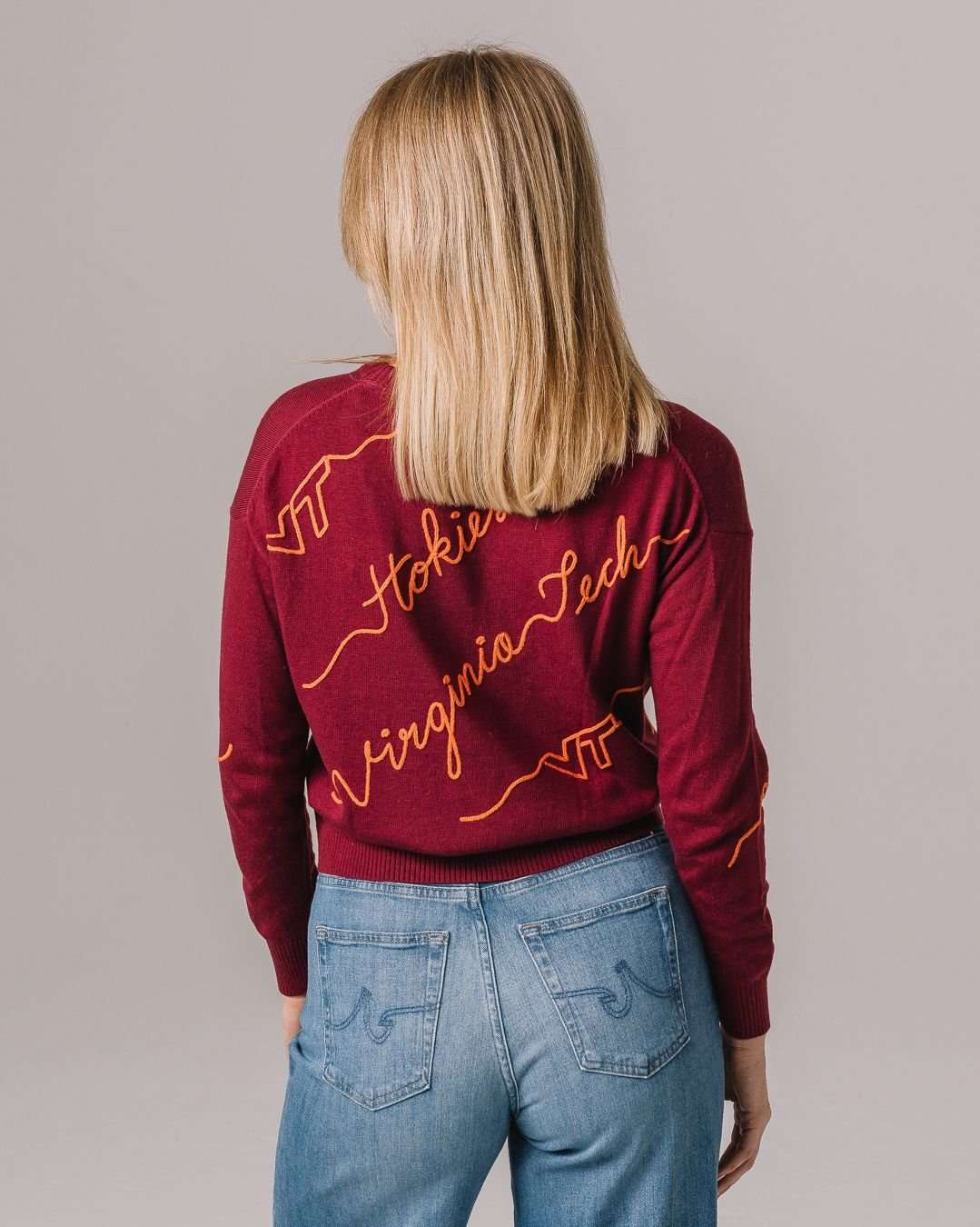 maroon long sleeve sweater with virginia tech hokies embroidery, perfect for game day looks