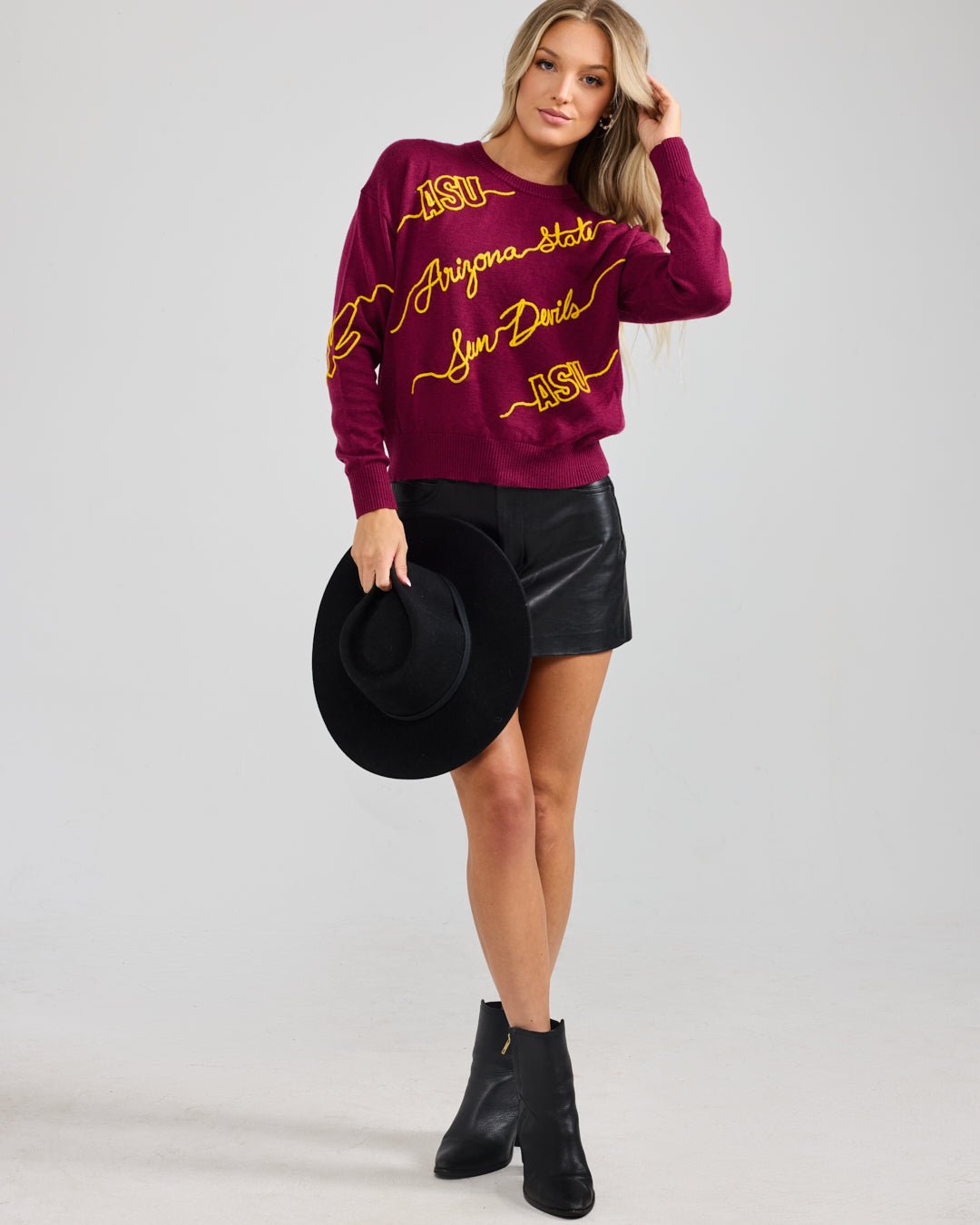 maroon long sleeve sweater with ASU Sun Devils embroidery, perfect for alumni events and game day