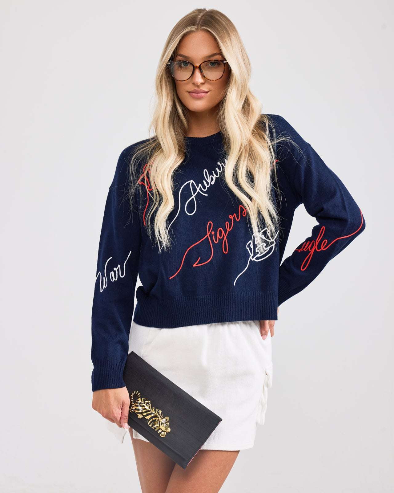 Navy long sleeve Love Letter Sweater with Auburn Tigers embroidery, perfect for game day, campus wear, or tailgates.