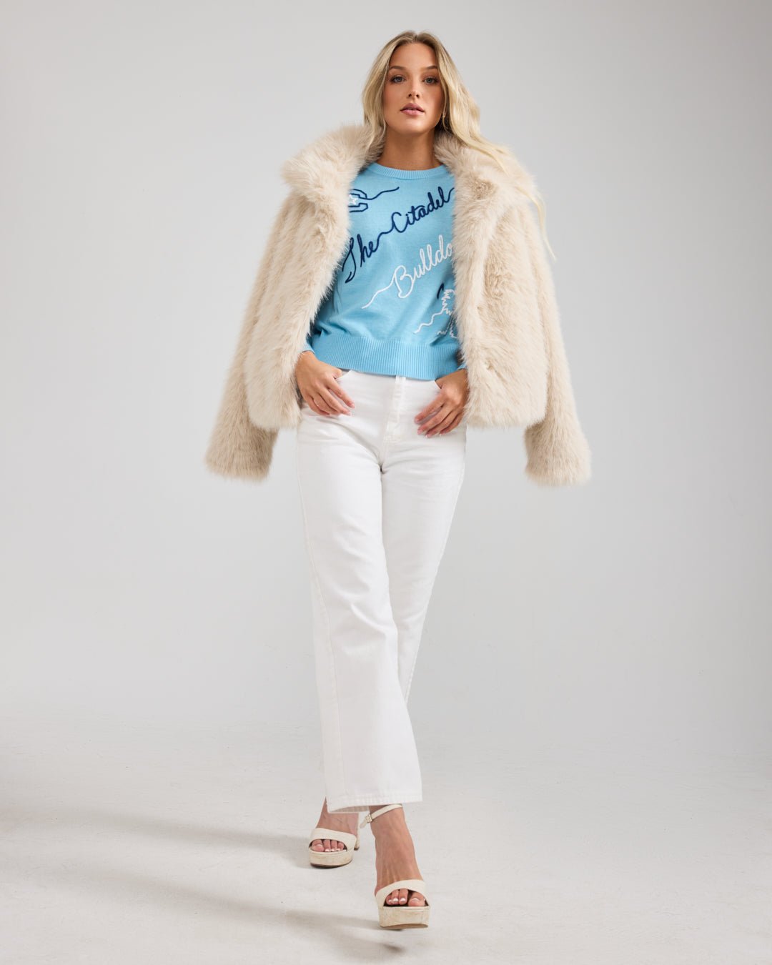 blue long sleeve sweater with citadel bulldogs embroidery, perfect for college tailgates