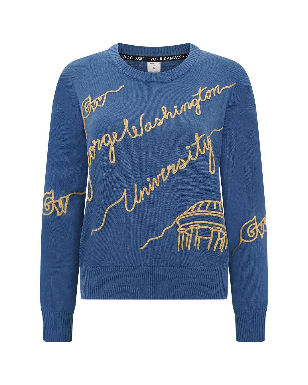 blue crewneck sweater with george washington university embroidery, styled for college tailgates
