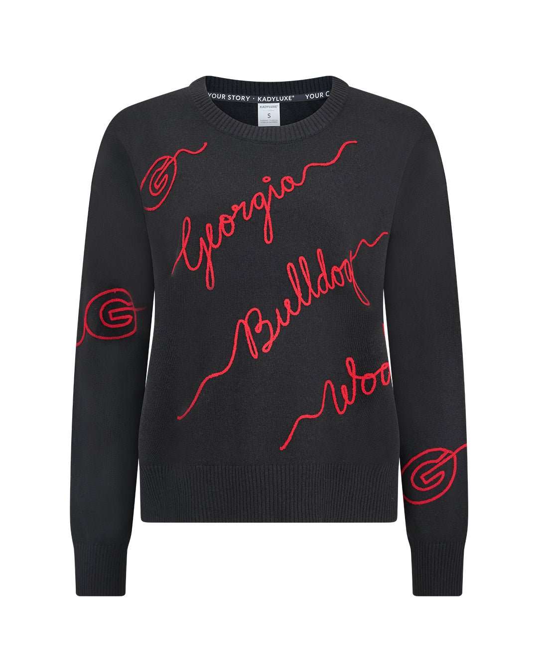 Red and black long sleeve sweater with UGA georgia bulldogs embroidery, styled for campus wear, tailgates, and game day.