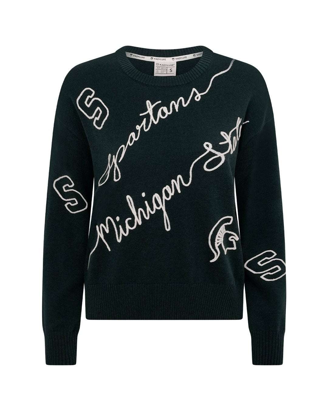 green long sleeve sweater with michigan state spartans embroidery, perfect for college game day looks