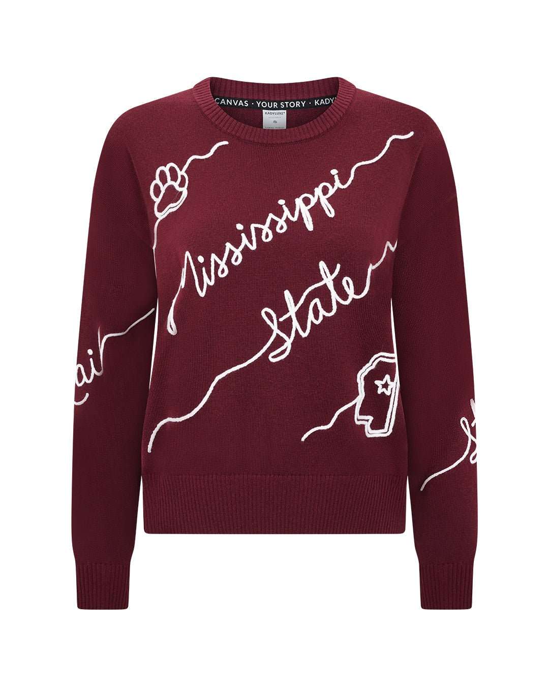 maroon long sleeve love letter sweater with mississippi state bulldogs embroidery, perfect for campus wear.