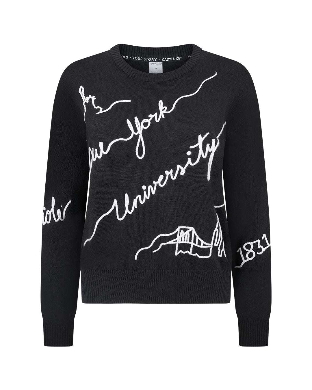 black long sleeve sweater with NYU violets embroidery, perfect for campus wear and walking to class