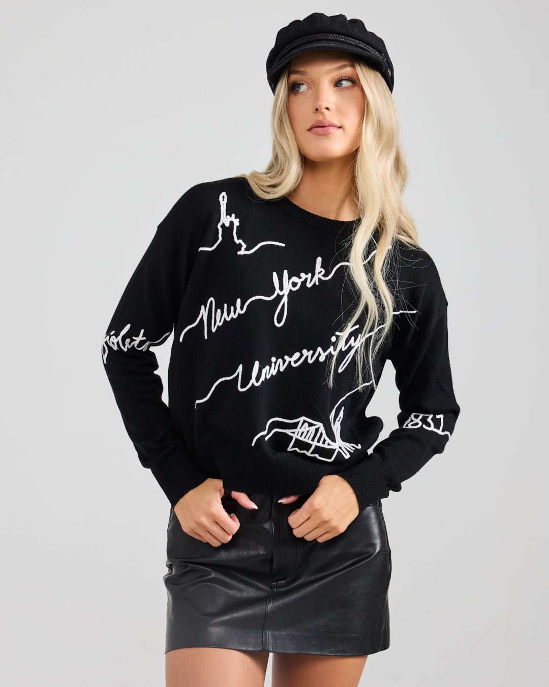 black long sleeve sweater with NYU violets embroidery, perfect for campus wear and walking to class