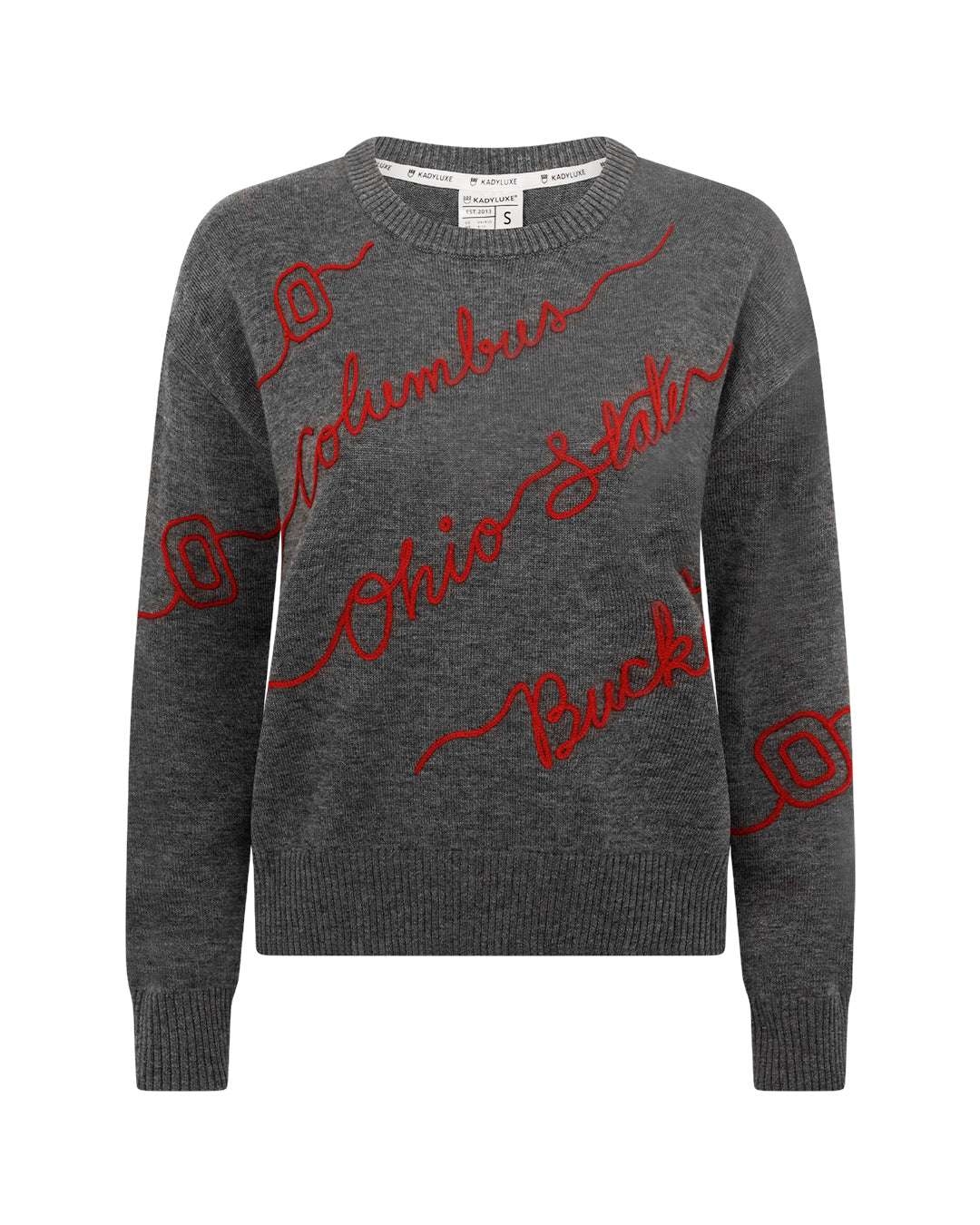 gray crewneck sweater with ohio state buckeyes embroidery, styled for college game day