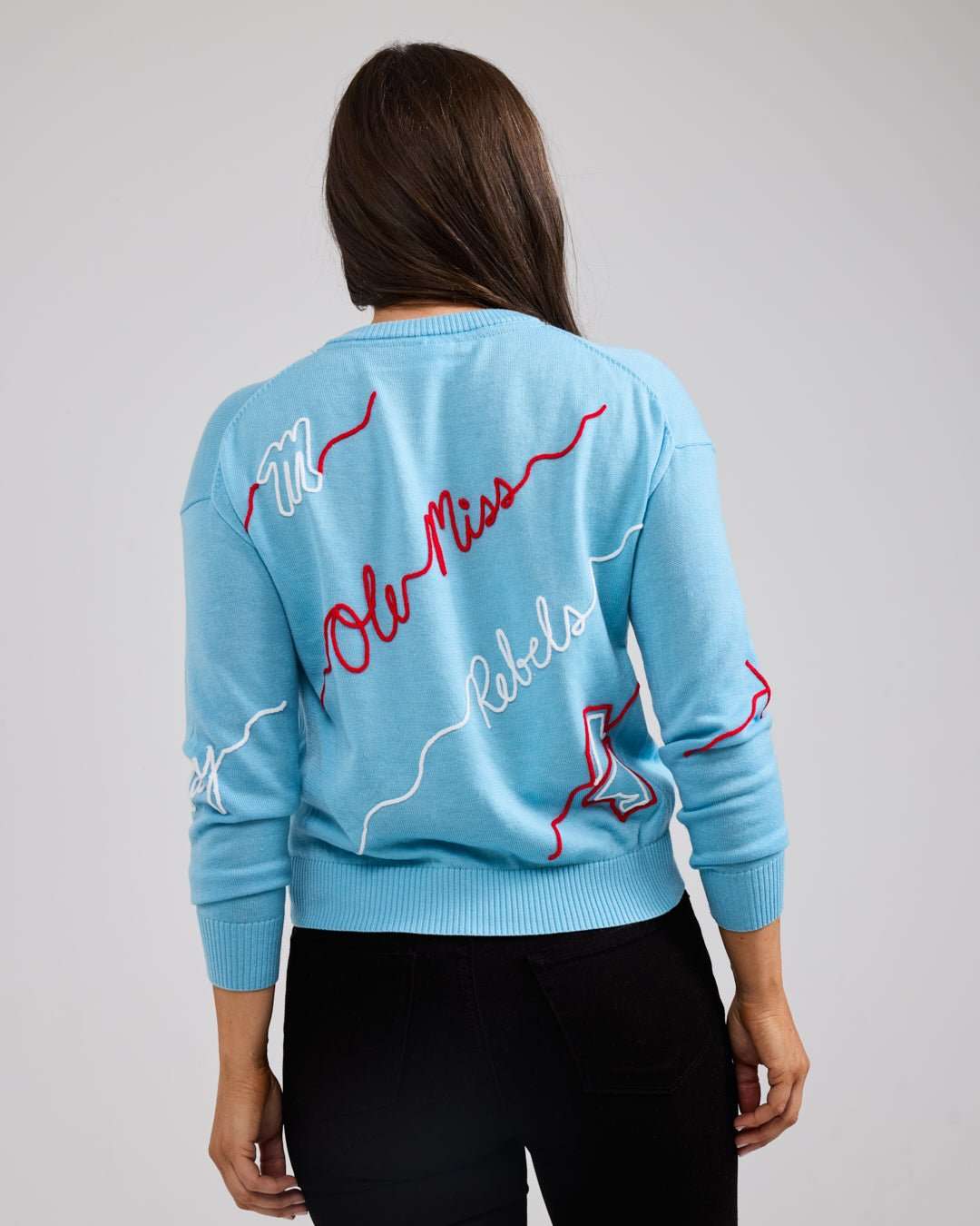 blue crewneck sweater with ole miss embroidery, perfect for college game day and tailgates.