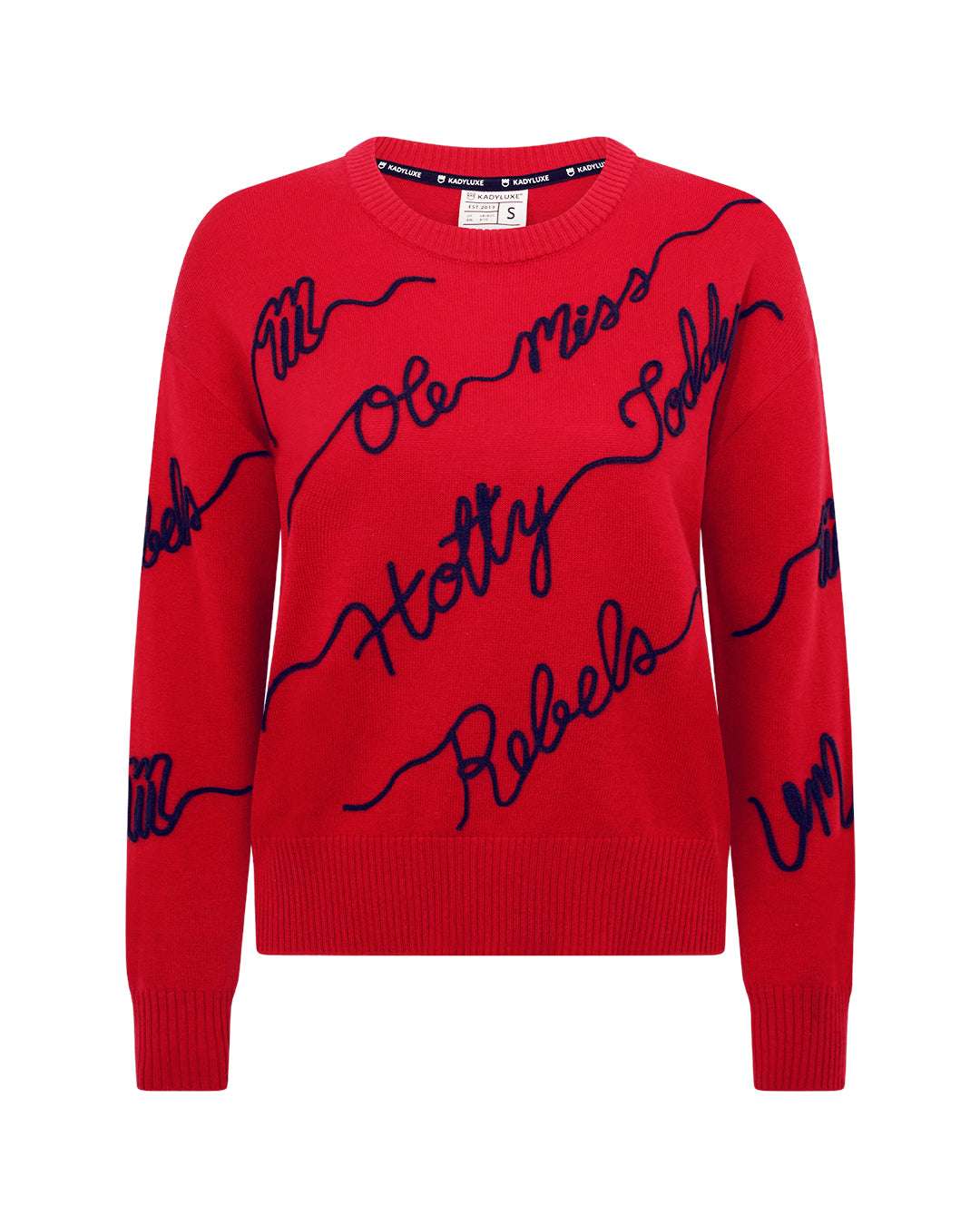 red crewneck sweater with ole miss embroidery, perfect for college game day