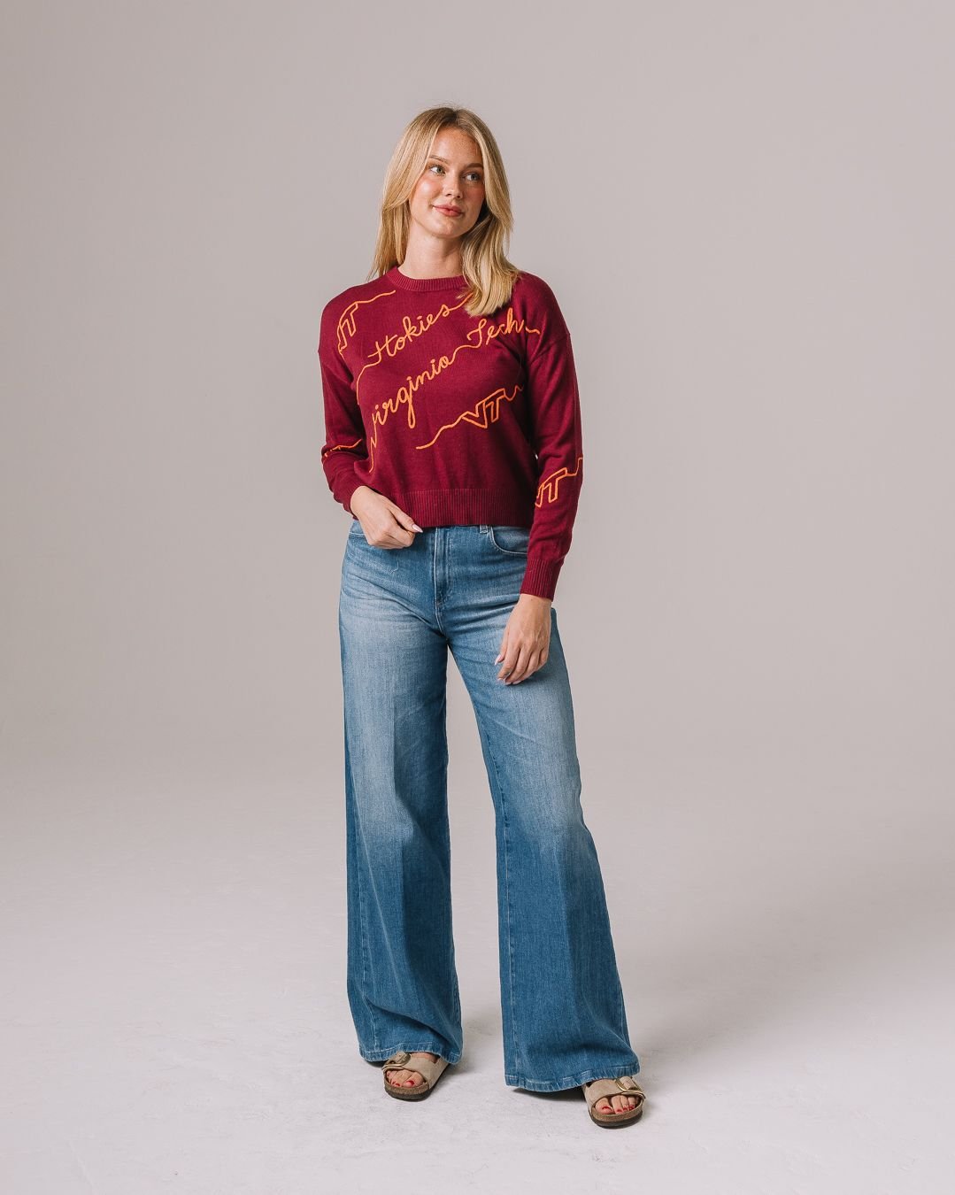 maroon long sleeve sweater with virginia tech hokies embroidery, perfect for game day looks