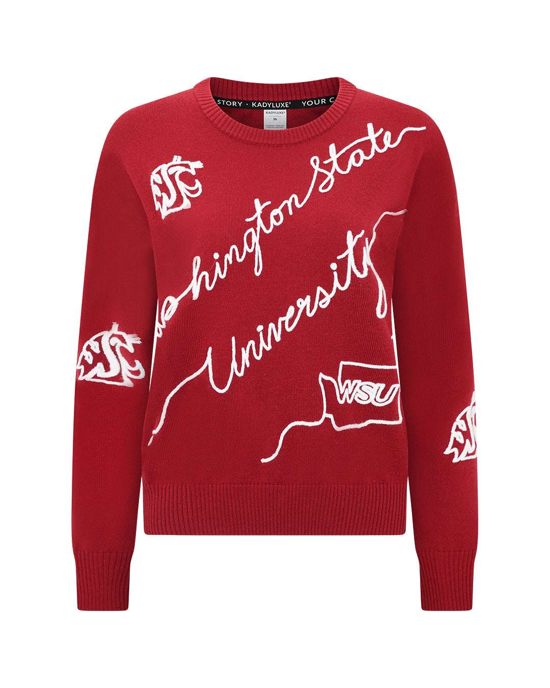 red crewneck sweater with washington state university embroidery, perfect for college back to school