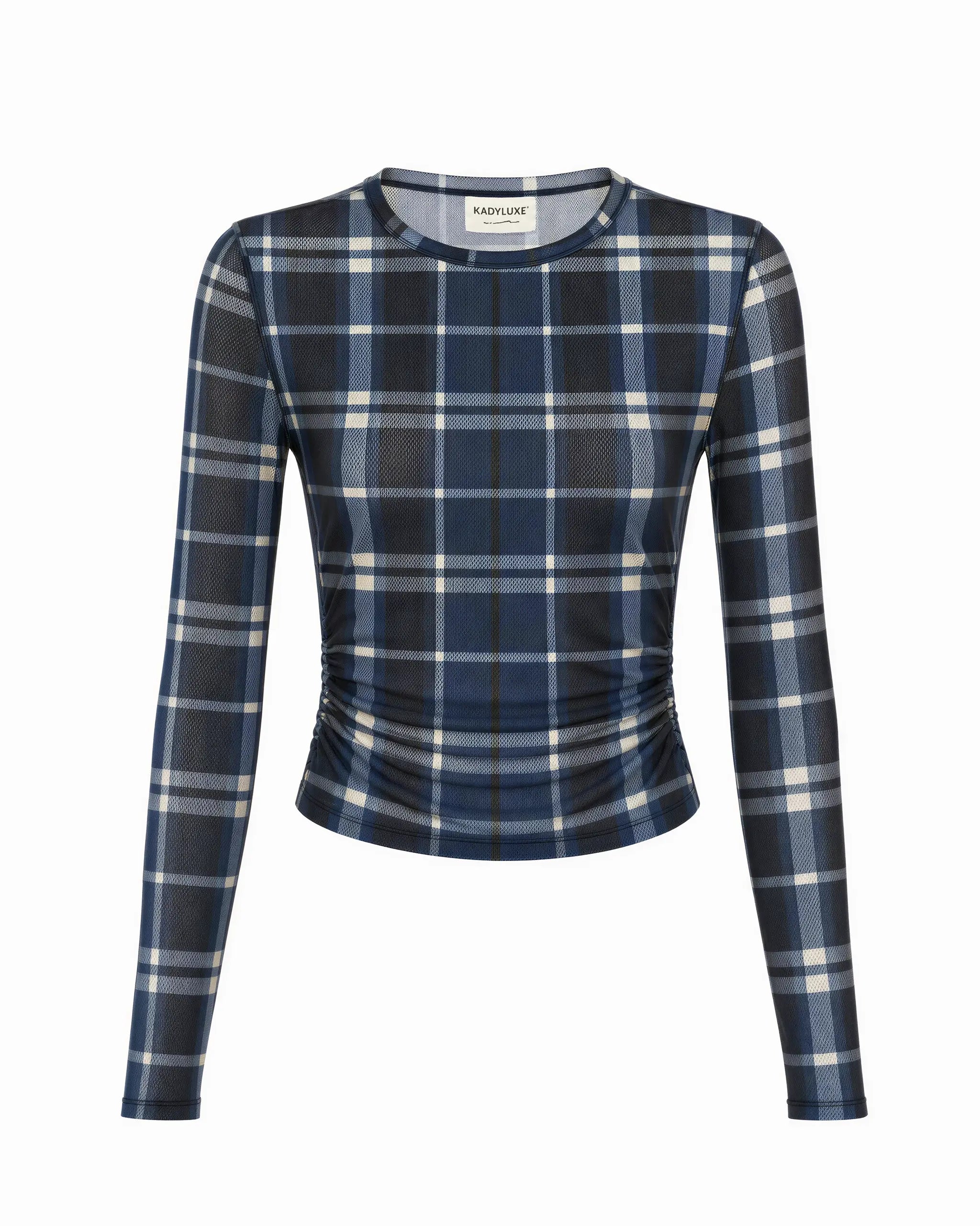 Navy Plaid Sheer Top