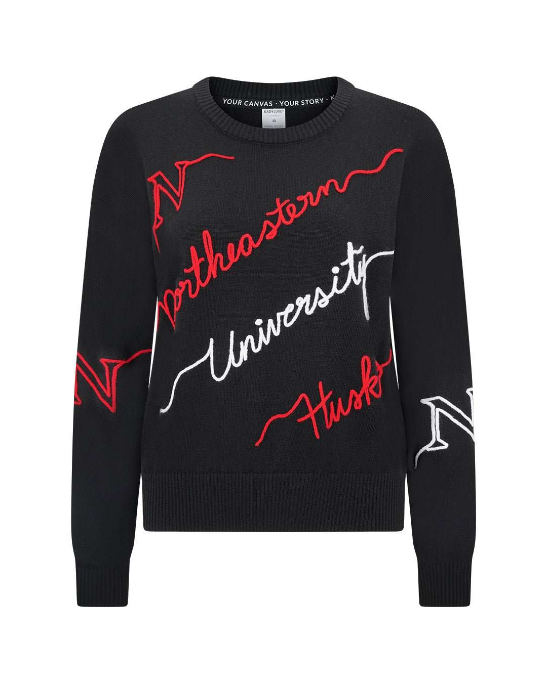 Black wool sweater with Northeastern Huskies embroidery, ultra-soft and perfect for game day or casual wear.