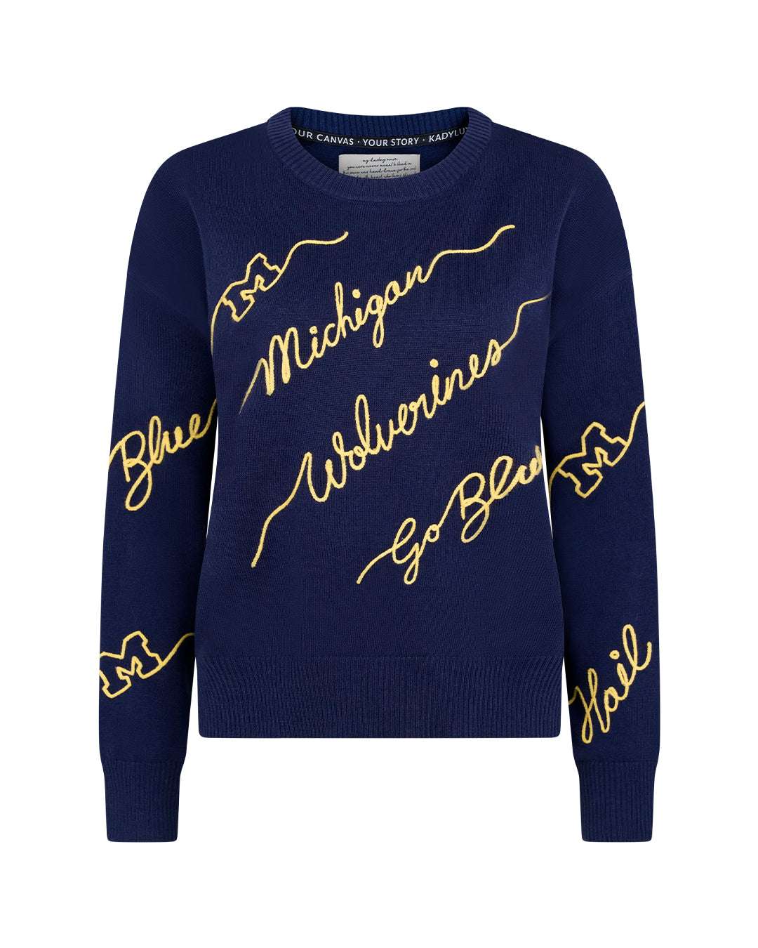 navy crewneck sweater with michigan wolverines embroidery, perfect for college game day looks and tailgates