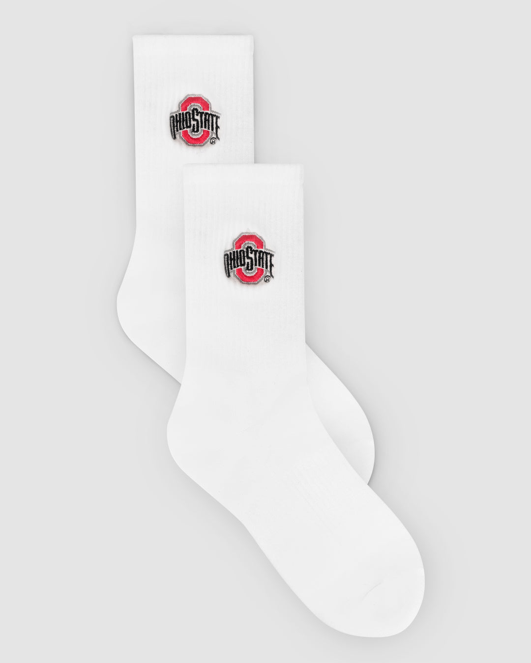 White crew sock with Ohio State Buckeyes patch, perfect for campus and lounging