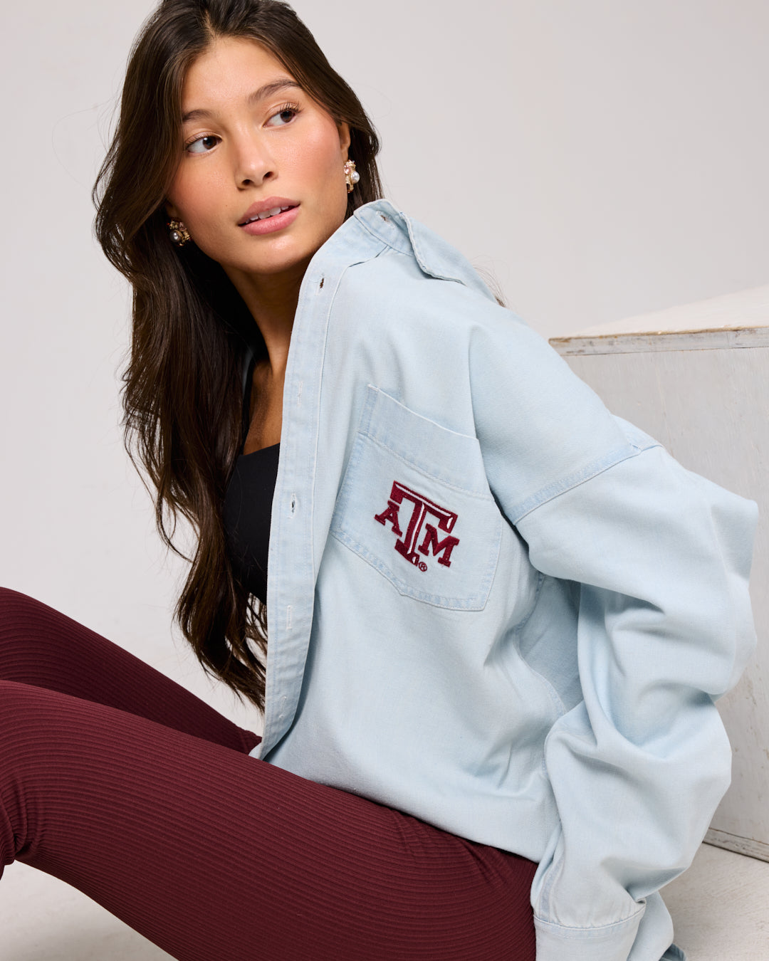 blue denim long sleeve with texas aggies embroidery, styled for college tailgates
