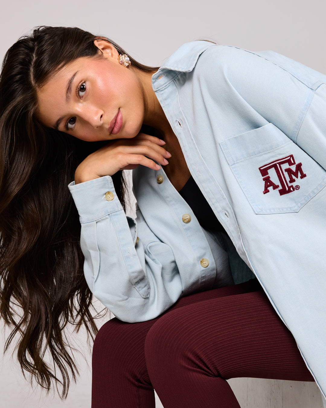 blue denim long sleeve with texas aggies embroidery, styled for college tailgates