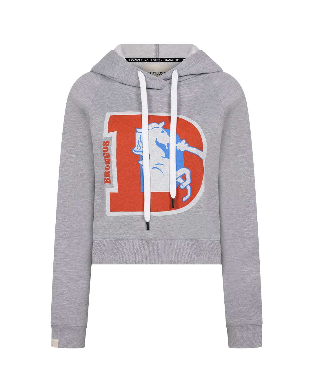 gray denver broncos crop womens hoodie with denver broncos D emblem, styled for game day, casual wear, and tailgates.