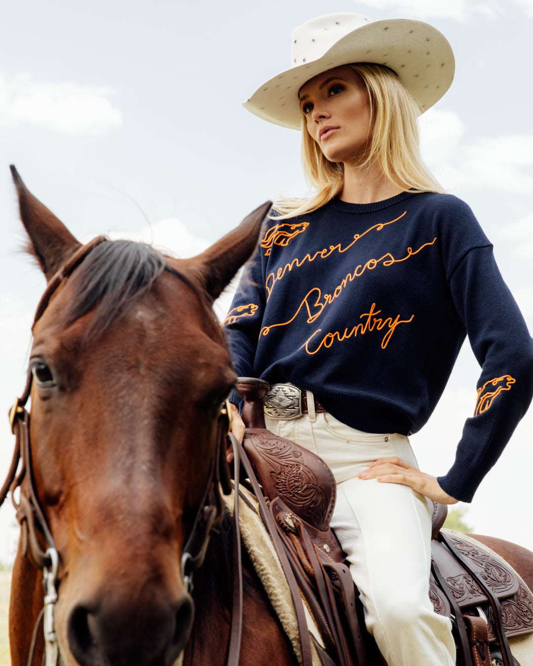 navy long sleeve love letter sweater, with denver broncos embrodiery, perfect for game day fashion and tailgates