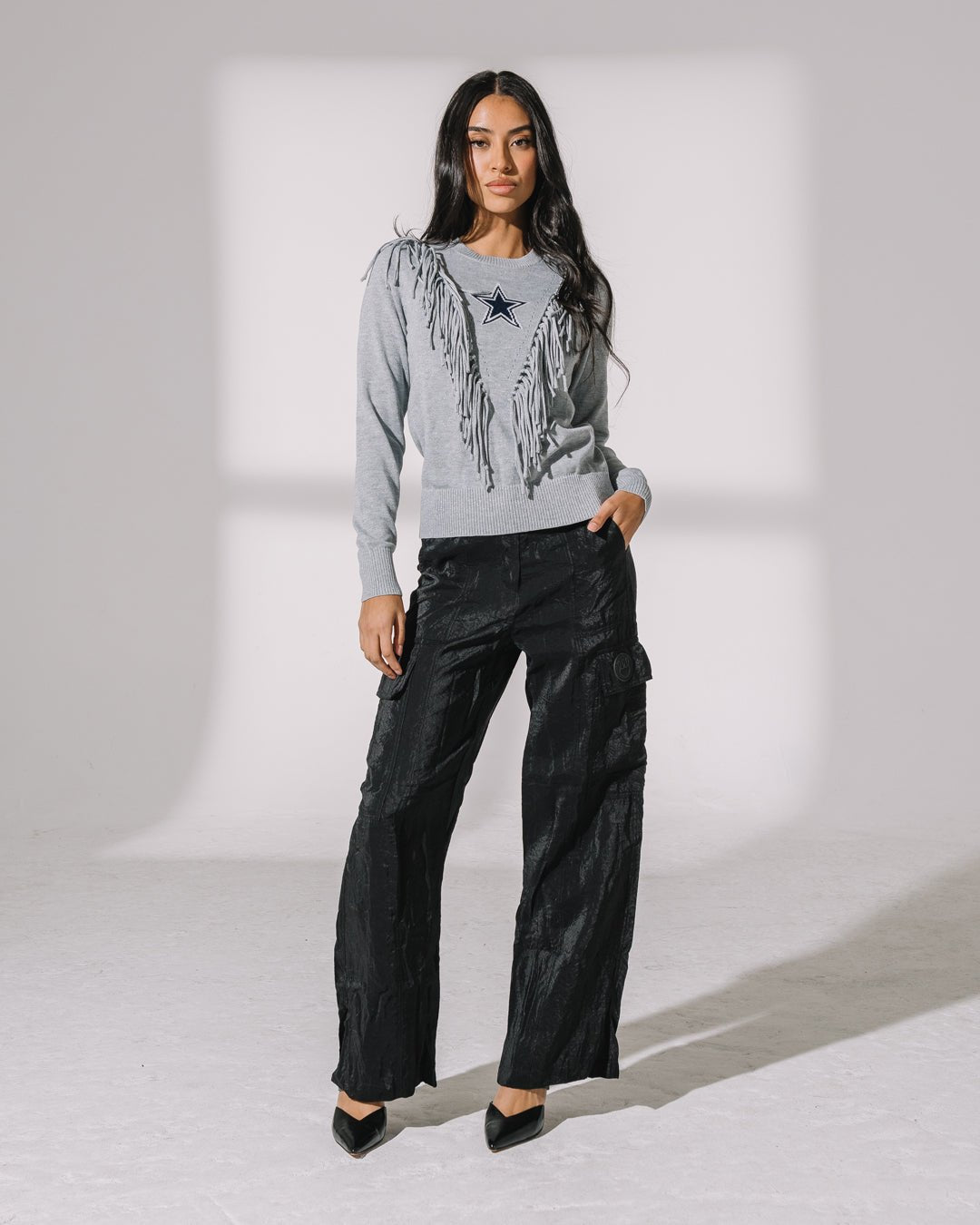 Silver fringe sparkle sweater with Dallas Cowboys star logo, perfect for game day or festive fan style.