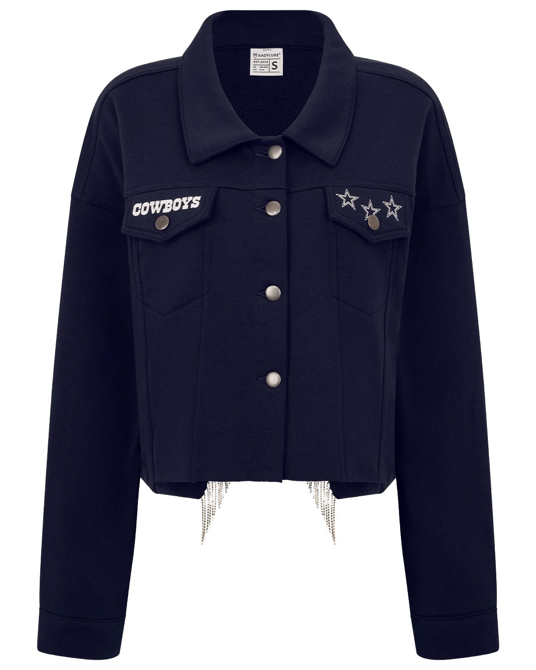Navy rhinestone jacket with Dallas Cowboys logo, ideal for tailgates, city streets, or game day flair.