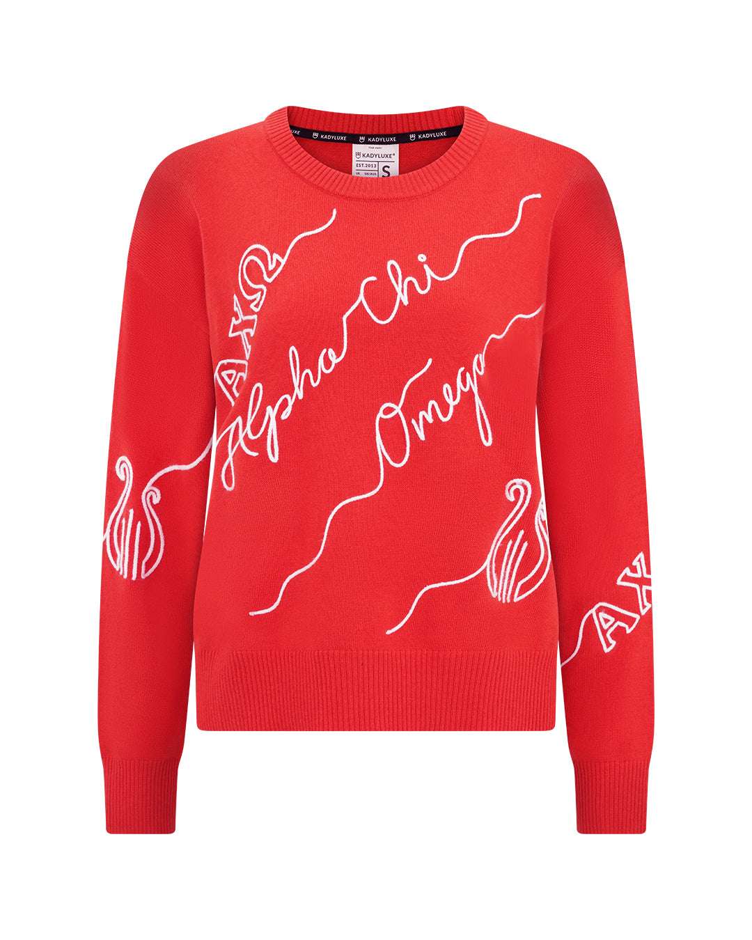 scarlet red and white crewneck sorority sweater with Alpha Chi Omega embroidered logo, perfect for campus wear