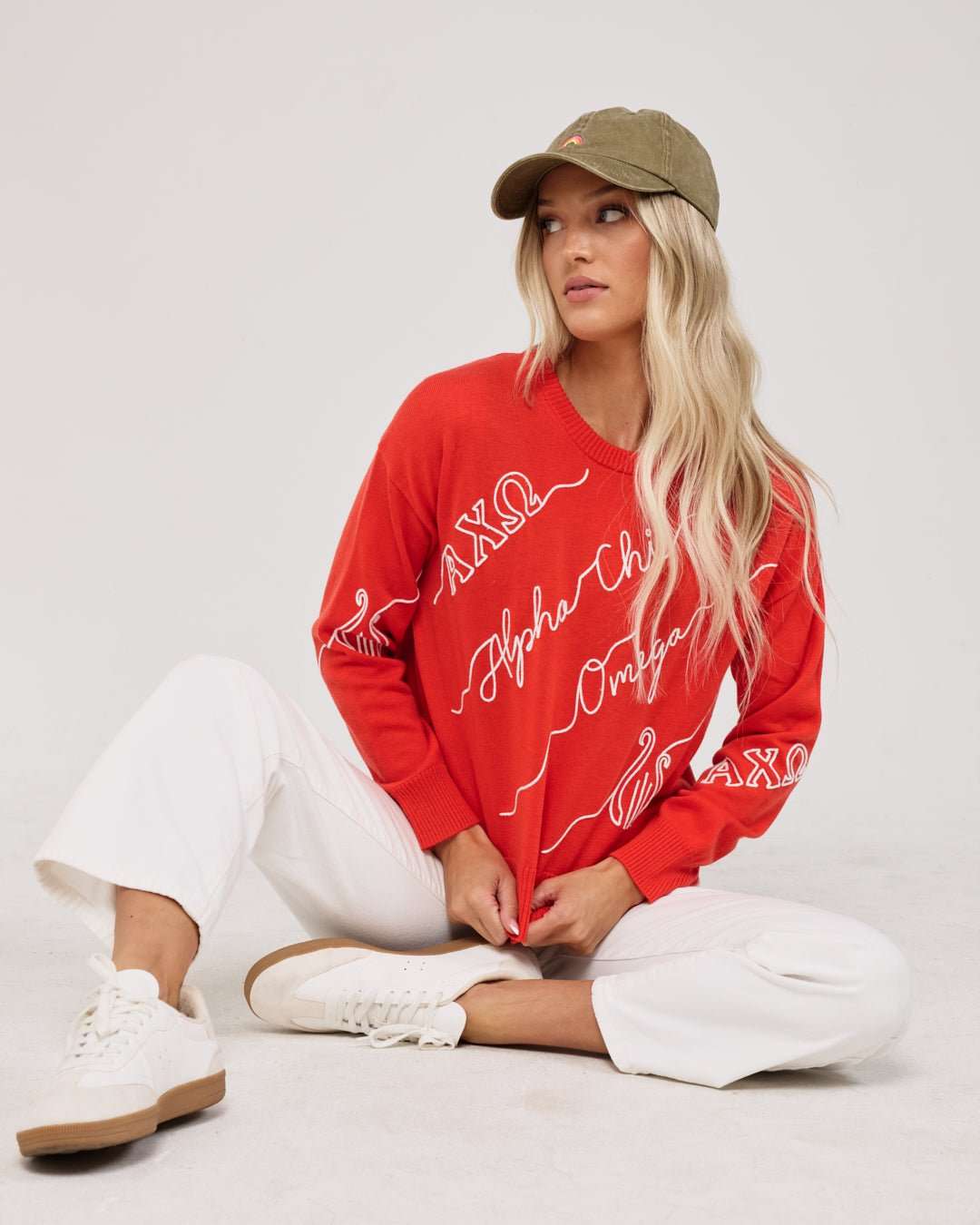 scarlet red and white crewneck sorority sweater with Alpha Chi Omega embroidered logo, perfect for campus wear