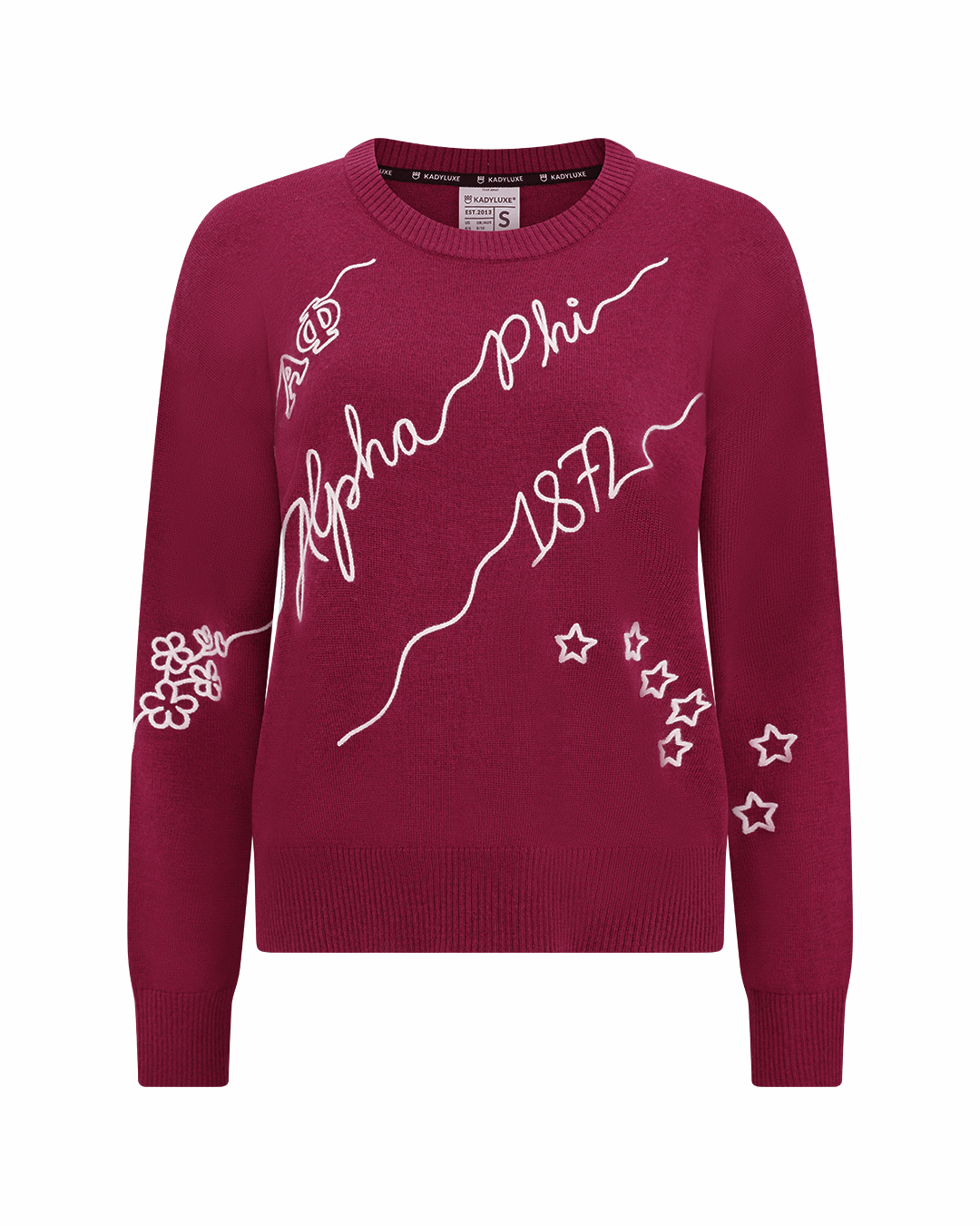 maroon and white crewneck sorority sweater with Alpha Phi embroidered logo, perfect for college class