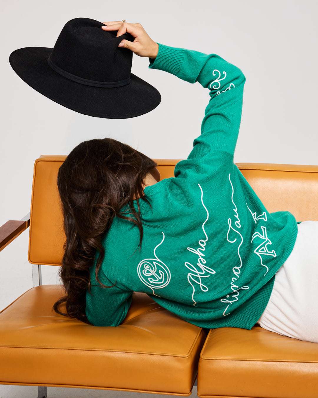 green and white crewneck sorority sweater with Alpha Sigma Tau embroidered logo, perfect for first day of college outfit