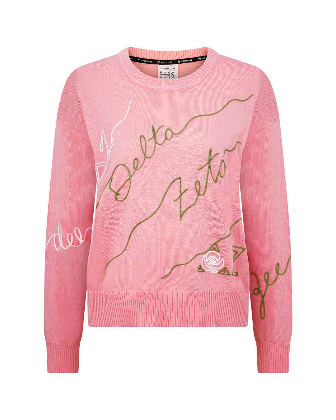 pink and gold crewneck sorority sweater with Delta Zeta embroidered logo, perfect for sorority rush outfits