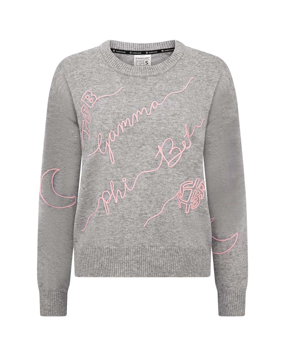 grey and peach long sleeve sorority sweater with Gamma Phi Beta embroidered logo, perfect for sorority alumni