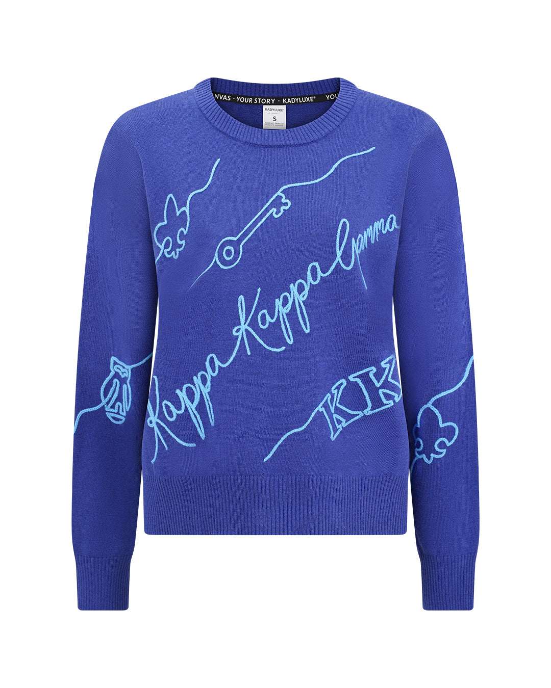 royal blue crewneck sorority sweater with Kappa Kappa Gamma embroidered logo, perfect for campus wear
