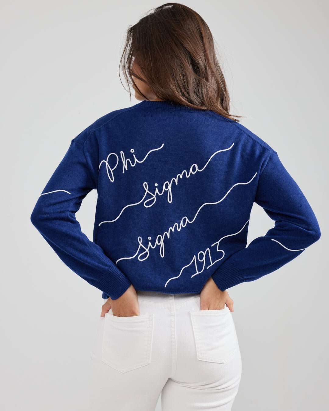 blue and white crewneck sorority sweater with Phi Sigma Sigma embroidered logo, perfect for sorority bid day celebrations