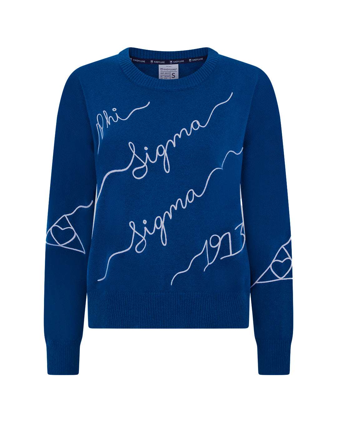 blue and white crewneck sorority sweater with Phi Sigma Sigma embroidered logo, perfect for sorority bid day celebrations